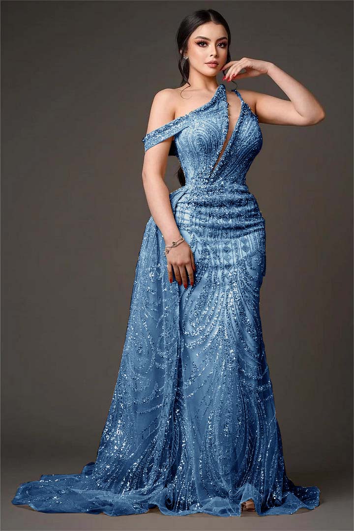 Light Gold One Shoulder Sheath Prom Dress Off-the-Shoulder with Sequins - liymcdress