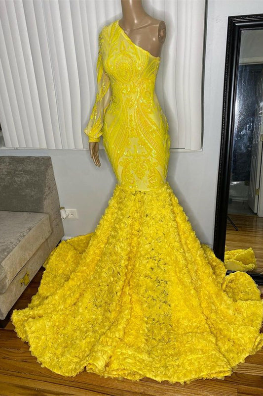 Charming Gold One Shoulder Long Sleeve Prom Dress Mermaid with Rose Applique