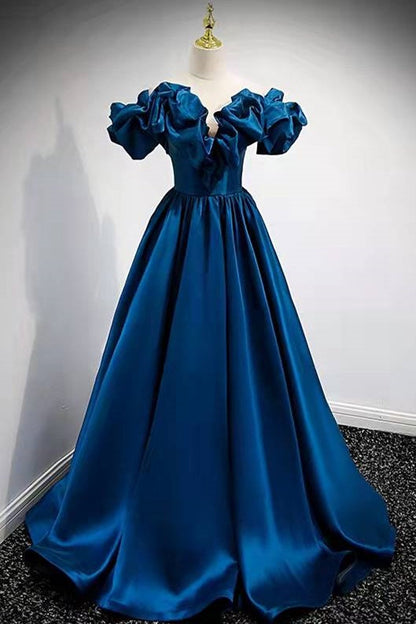 Classy A-Line Dark Blue Off-the-Shoulder Satin Prom Gown Formal Dresses