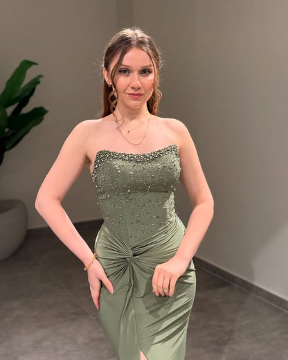 Charming Green Strapless Split Mermaid Prom Dress Pleated with Beading - liymcdress