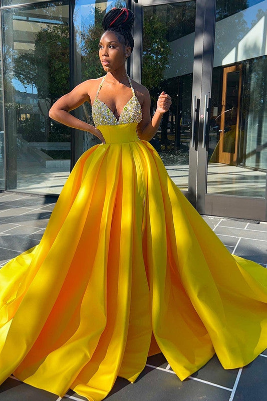Spaghetti Straps Mermaid Beaded Yellow Prom Dress Slit With Silver Sequins | Liymcdress