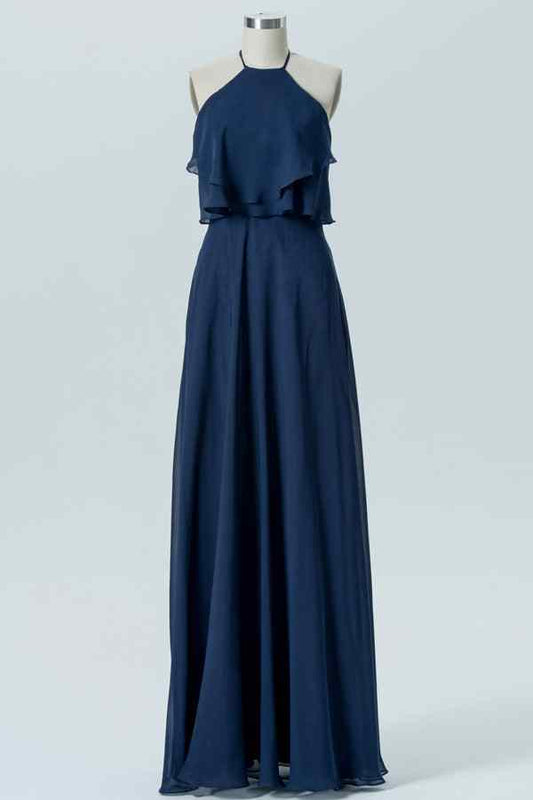 Dark Navy A-line Bow Tie Back Chiffon Crepe Long Bridesmaid Dress