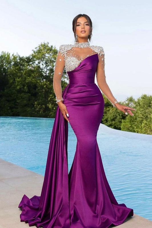 Purple Long Sleeve Mermaid Satin Prom Dress Beaded with Trail - liymcdress