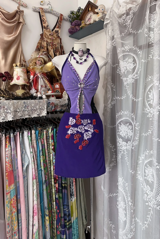 Vintage Purple Satin Beaded Sheath Cocktail Dress Halter Short Birthday Dress Homecoming Dress Y9001