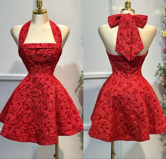 Glam Red A-Line Halter Neck Homecoming Dress Short Prom Dress Y8849