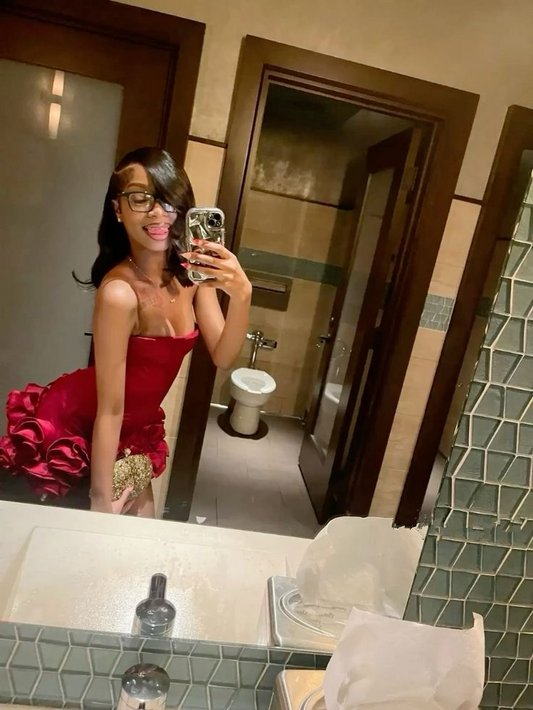 Charming Burgundy Spaghetti Straps Satin Rose Flowers Homecoming Dress Short Prom Dress Y8470