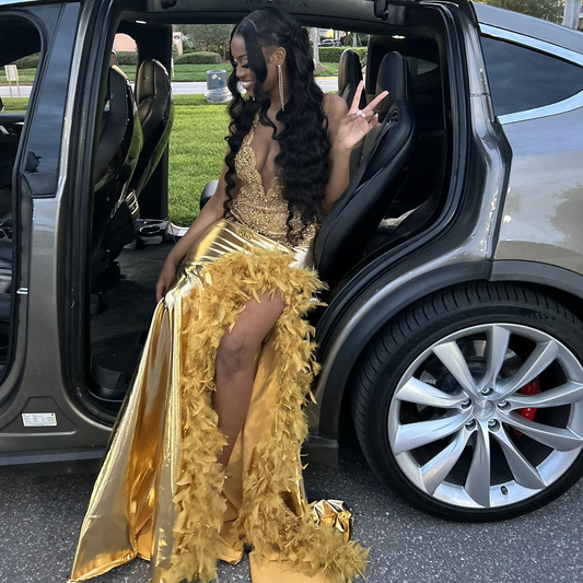 Luxurious Satin Beaded Feathers Evening Gown Long Slit Prom Dress  Y7948