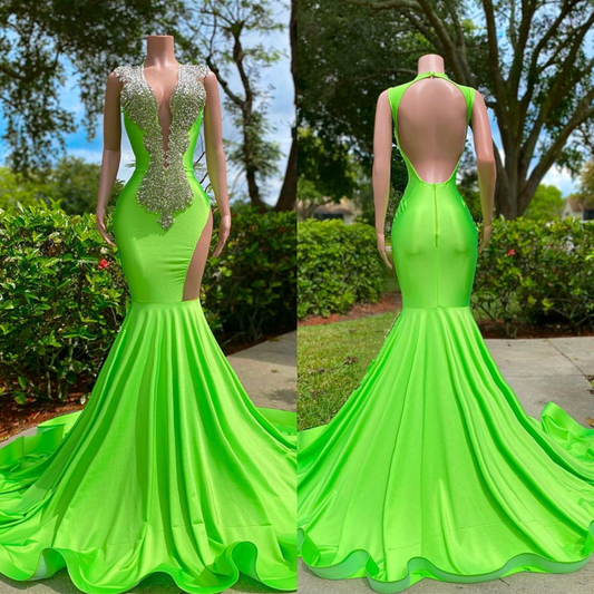 Green Asymmetric Sleeveless Prom Dress Mermaid Backless with Rhinestone