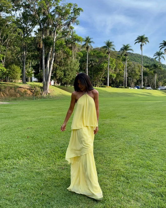 A Line Yellow Prom Dress Chiffon Tiered Ruffled Casual Dresses