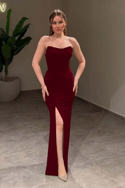 Charming Green Strapless Split Mermaid Prom Dress Pleated with Beading - liymcdress