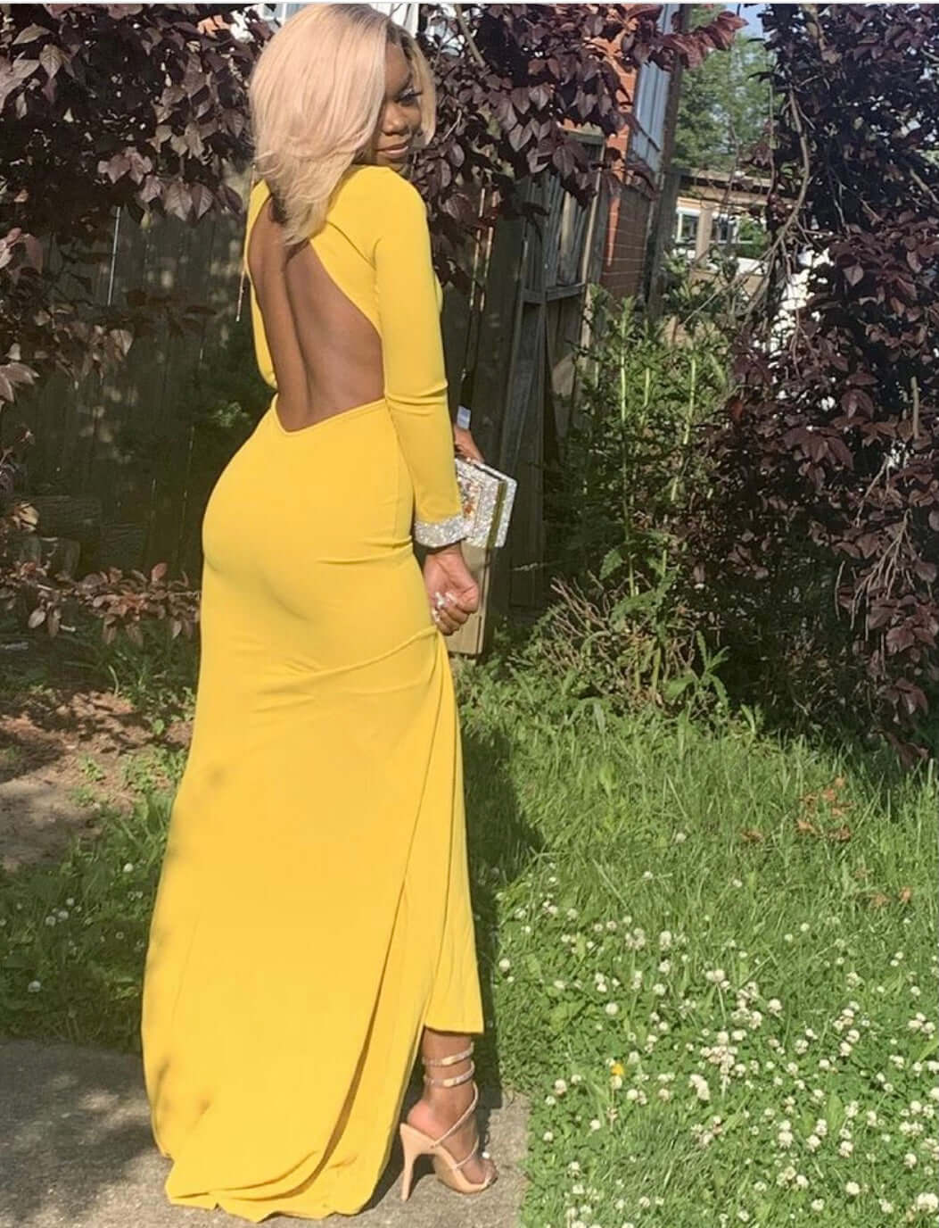 Shining Yellow Long Sleeve Mermaid Prom Dress Floor Length with Backless