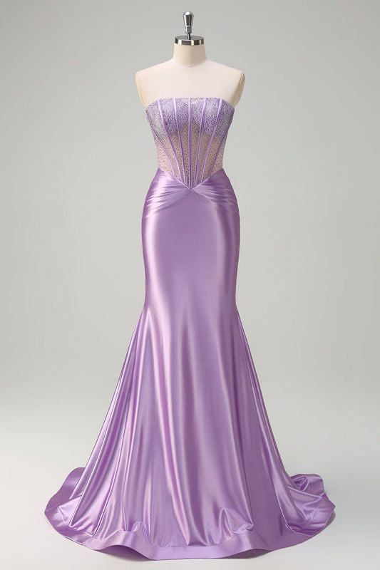 Elegant Purple Strapless Patchwork Mermaid Prom Dress with Beaded - liymcdress