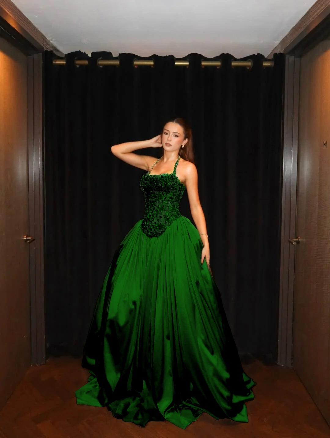 Light Gold Halter Pleated A Line Prom Dress with Rhinestone - liymcdress