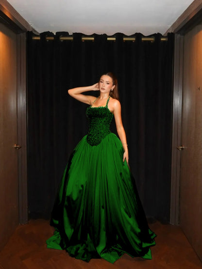 Light Gold Halter Pleated A Line Prom Dress with Rhinestone - liymcdress