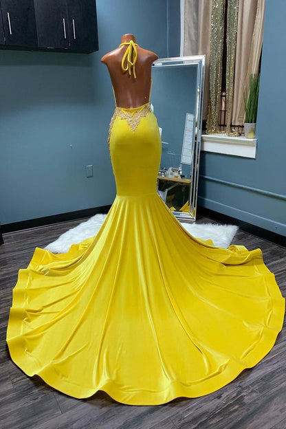 Yellow Halter Deep V-Neck Sleeveless Mermaid Prom Dress with Applique