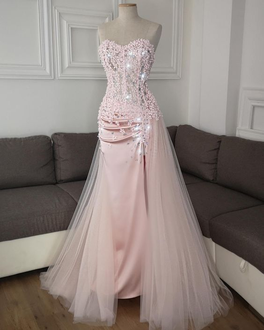 Pink Long Prom Dress With Slit Sleeveless Flower Formal Gown  fg8196