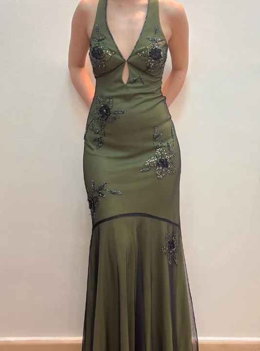 Vintage Halter Satin Beaded Mermaid Evening Dress,Sexy Backless Green Prom Dress Y8228