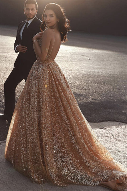 Gold Spaghetti Strap V-Neck Long Prom Dress Backless with Sequins - liymcdress