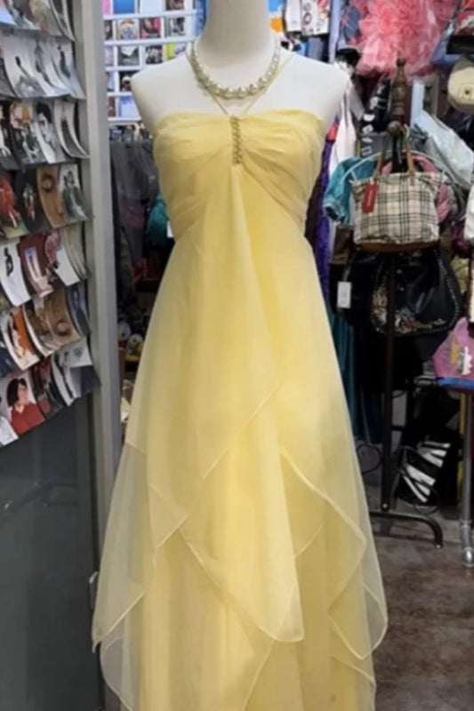 Fashion Yellow Strapless Sheer Prom Dress  with Pleated - liymcdress