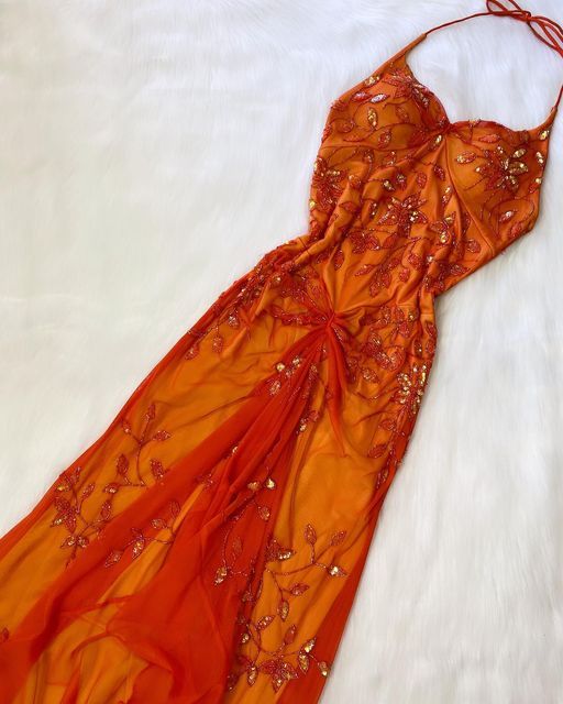 Unique Orange Spaghetti Straps Beaded Prom Dress Evening Gowns Formal Weddings