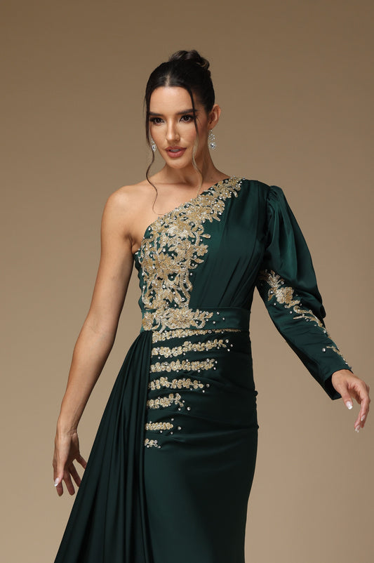 liymcdress Dark Green Long Mermaid Prom Dress One Sleeve Shoulder YX0014