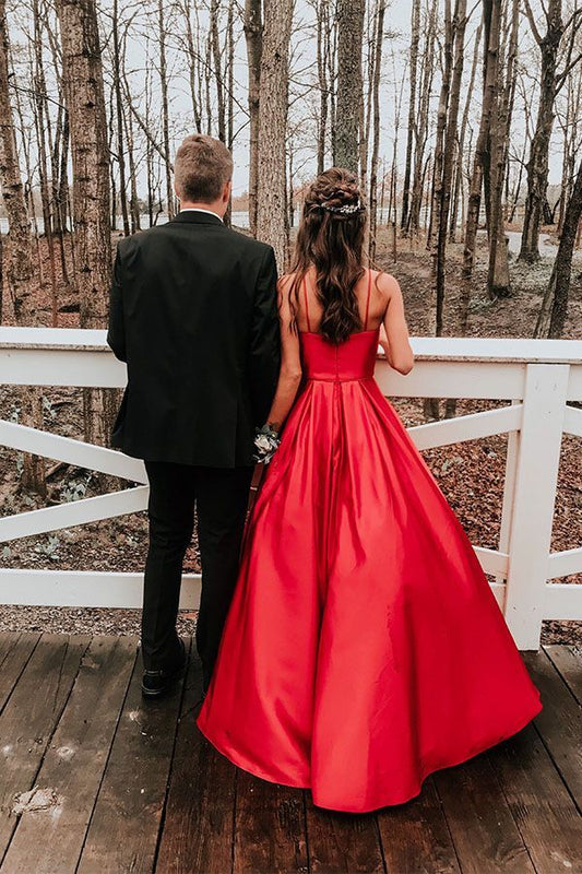 LTP0837,Red prom dress spaghetti straps prom dresses a-line satin evening dress long formal gown