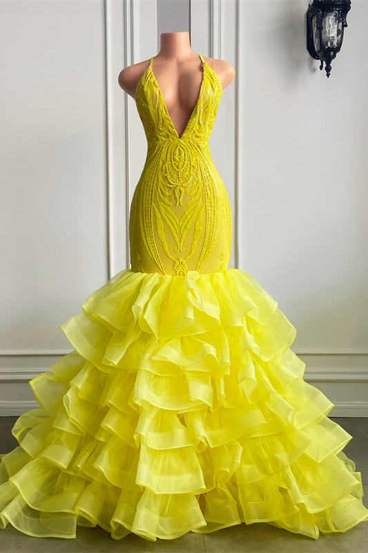Bright Yellow V Neck Halter Mermaid lace Prom Dress with Ruffle - liymcdress