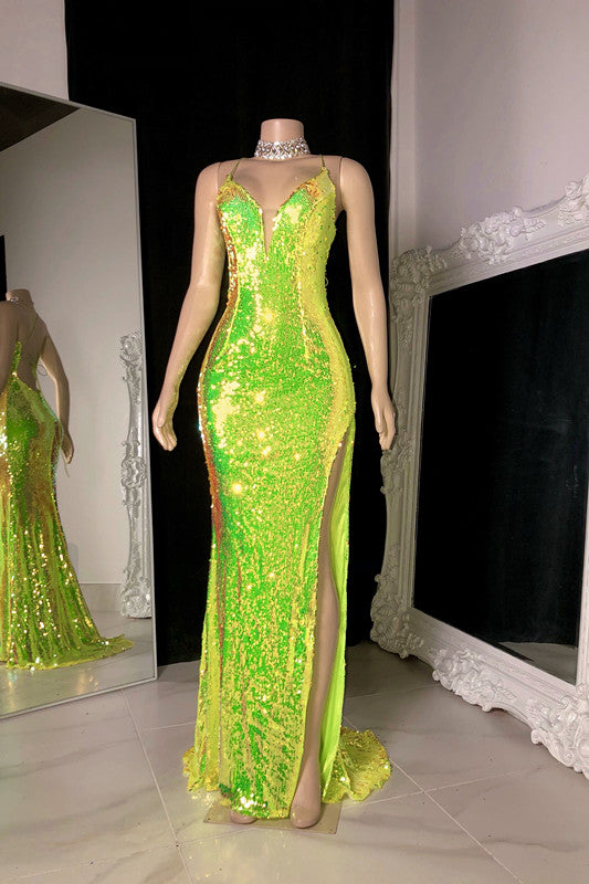 Shimmering  Green Spaghetti Strap Deep V-Neck Prom Dress with Sequins