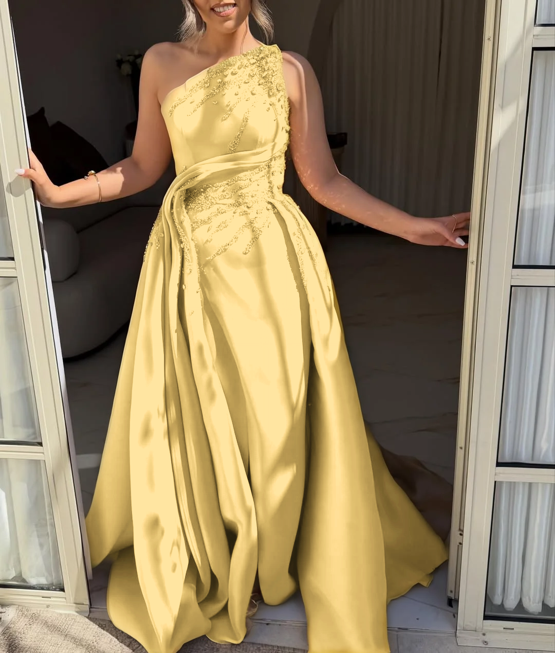 Light Gold One Shoulder Sleeveless A Line Prom Dress Pleated with Rhinestone - liymcdress