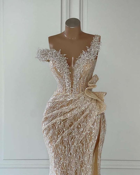 Unique Beaded Gold Mermaid Prom Dress with Slit _ liymcdress