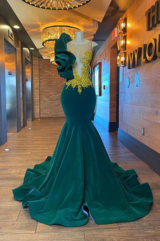 Dark Green One Shoulder Deep V-Neck Mermaid Prom Dress Floor Length with Applique