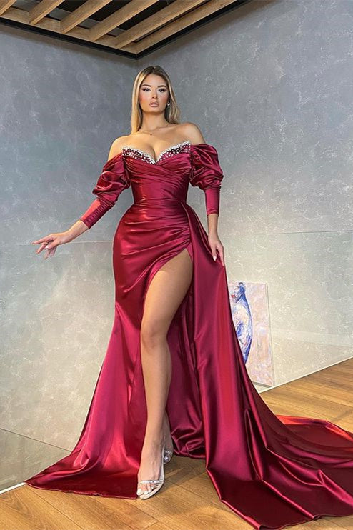 Burgundy Long Sleeves Mermaid Slit Prom Dress | Liymcdress