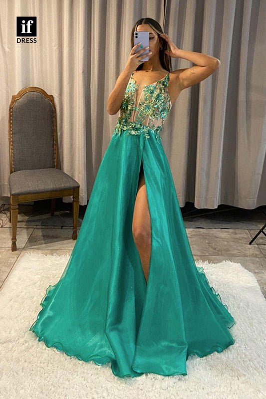 Green Spaghetti Strap V-Neck Prom Dress High Split with Lace Applique