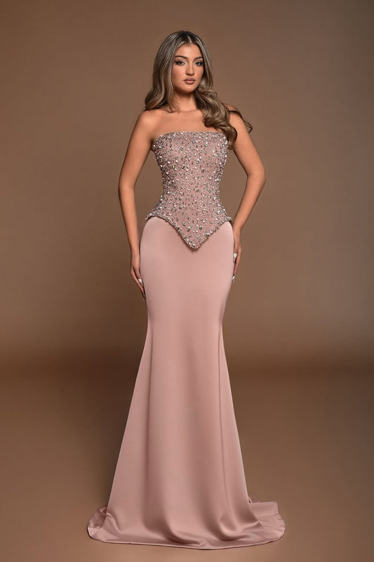 Pink Strapless Sleeveless Mermaid Prom Dress with Rhinestone - liymcdress