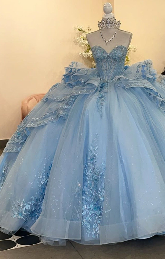 Sweetheart Sweet 15 Ball Gown Blue Tulle Prom Dress fg8219