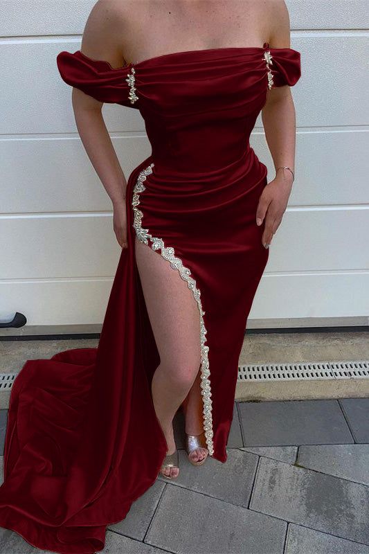 Yellow Off-the-Shoulder Mermaid Prom Dress Split with Beads - liymcdress