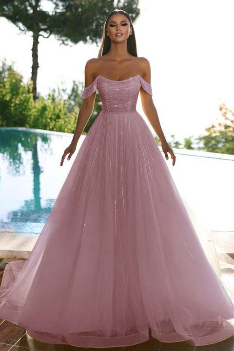 Yellow A Line Strapless Off-the-Shoulder Prom Dress with Sequins - liymcdress