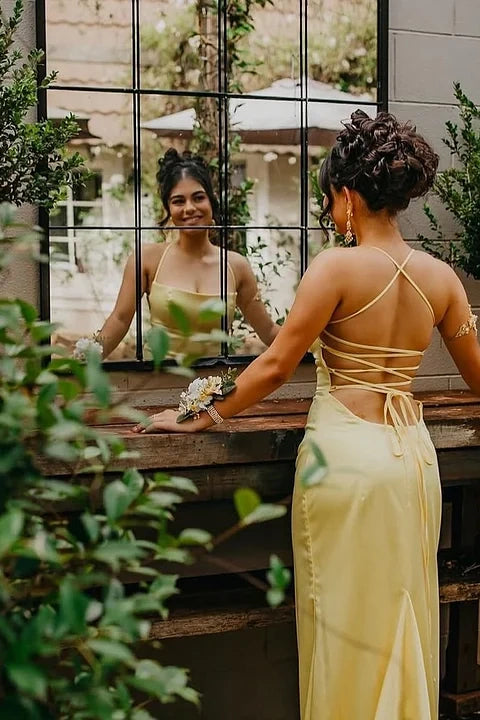 Yellow Sleevelesss Spaghetti Straps Square Mermaid Prom Dress - liymcdress