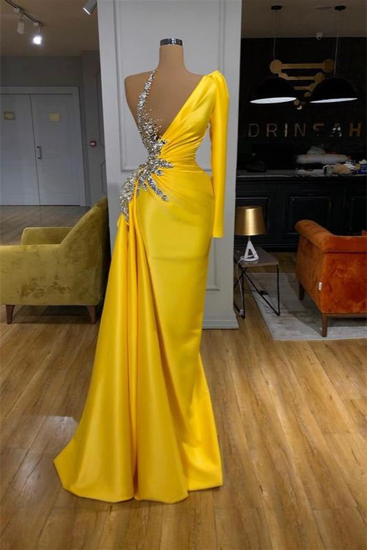 Yellow One Shoulder Long Sleeves Mermaid Prom Dress with Pleated - liymcdress