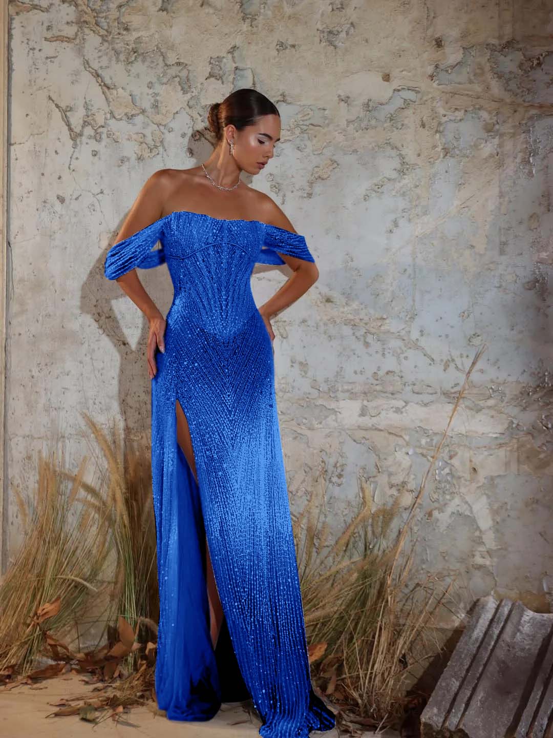 Purple Strapless Off-the-Shoulder Sheath Prom Dress with Sequins Train - liymcdress