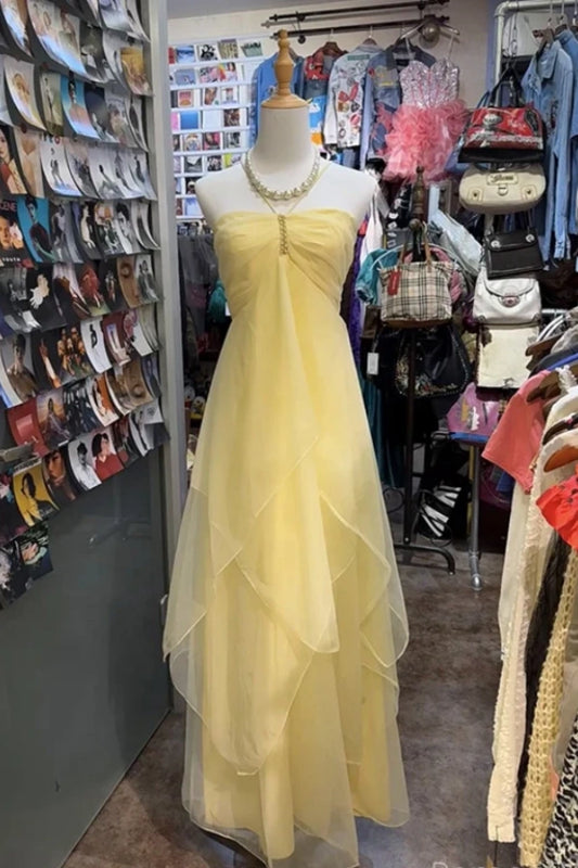 Fashion Yellow Strapless Sheer Prom Dress  with Pleated - liymcdress