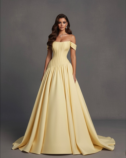 Yellow Strapless Off-the-Shoulder A Line Prom Dress with Pleats - liymcdress