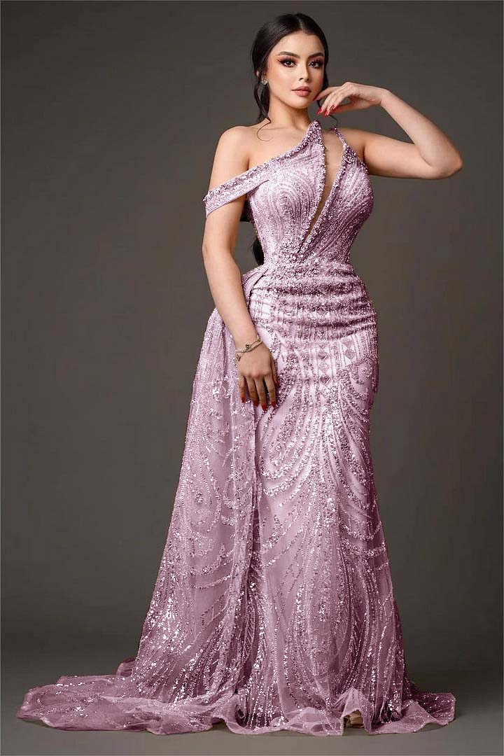 Light Gold One Shoulder Sheath Prom Dress Off-the-Shoulder with Sequins - liymcdress