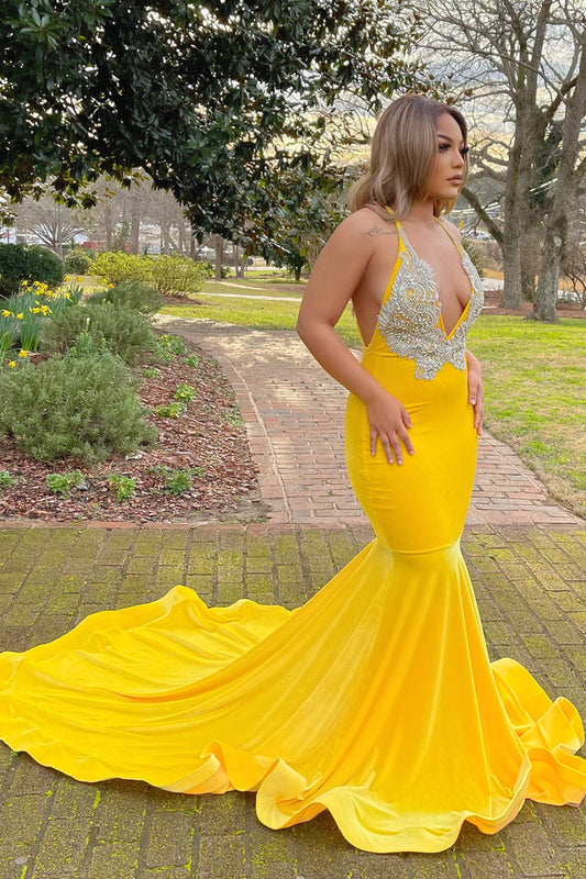 Yellow Halter V-Neck Mermaid Prom Dress with Applique - liymcdress