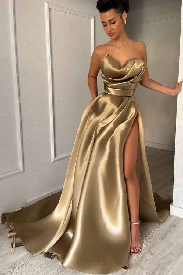 Glamorous Gold Strapless Sweetheart Prom Dress with Split - liymcdress