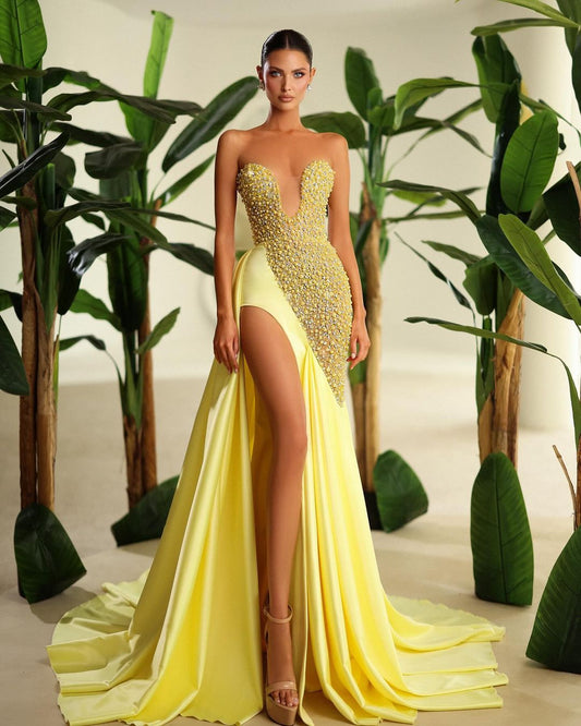 Glamorous Bright Yellow Sweetheart Prom Dress with High Slit Beads ZT0005