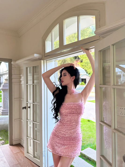 Cute Pink Sheath Spaghetti Strap Sequin Short Prom Dress Homecoming Dress SH4460