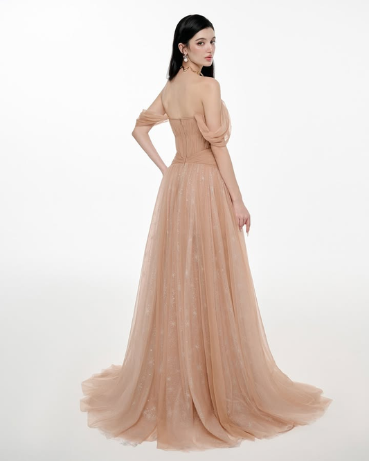Light Gold Off-the-Shoulder Pleated A Line Prom Dress with Rhinestone - liymcdress