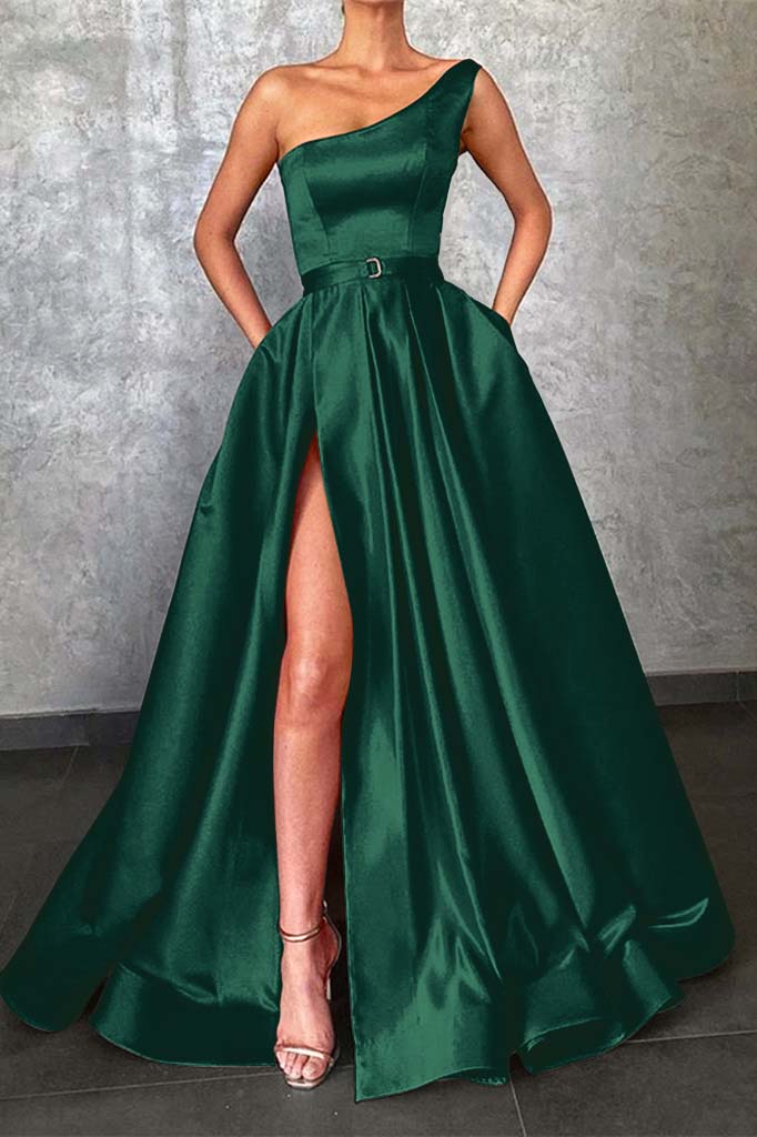Glamorous One Shoulder Red Prom Dress Split With Pockets | Liymcdress