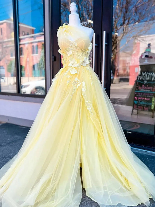 Yellow One Shoulder Asymmetric A-Line Prom Dress Sheer with Applique